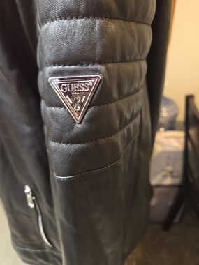 Guess Black Quilted Leather Bomber Jacket with Silver Logo